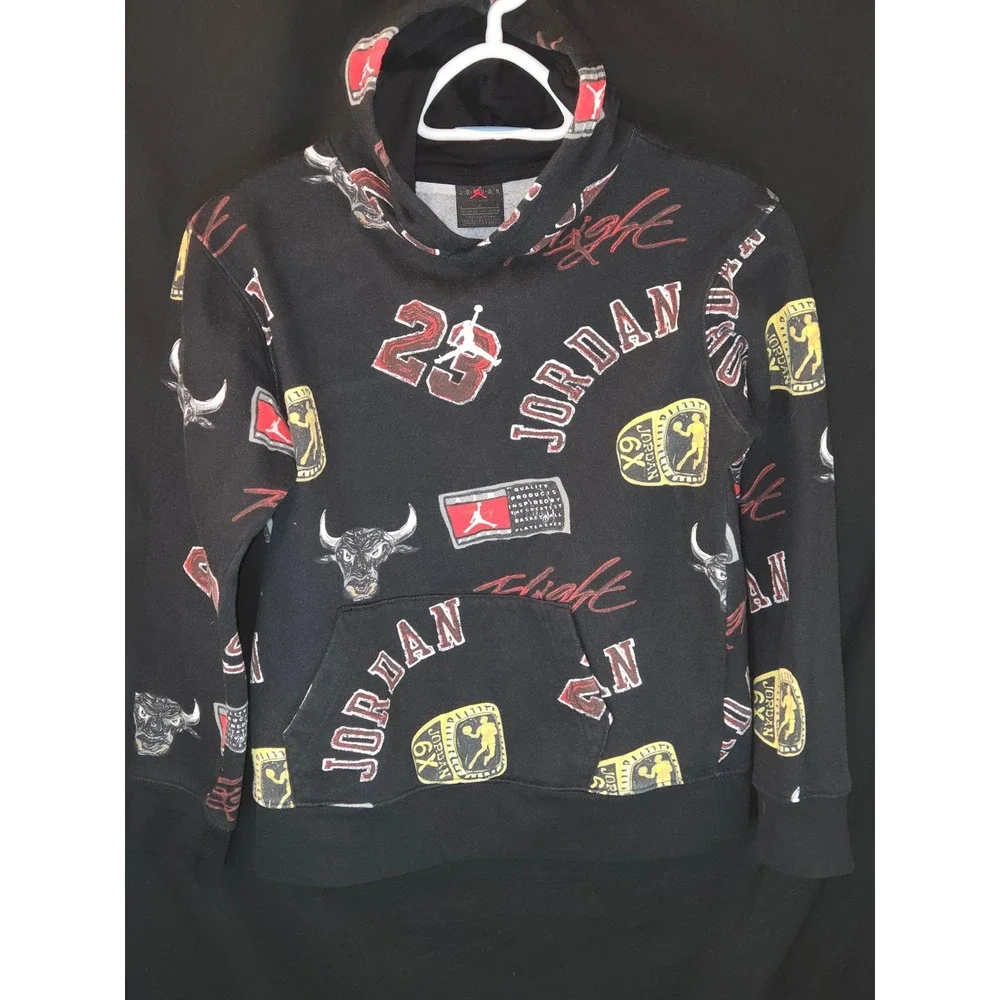 Jordan Youth Black Pullover Hoodie 23 Bulls Logo Jumpman Spellout Size L 12-13